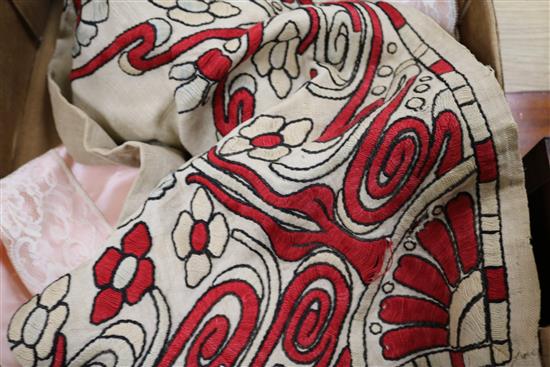 A Chinese embroidered silk and metal thread collar, a sage green brocade panel and other textiles